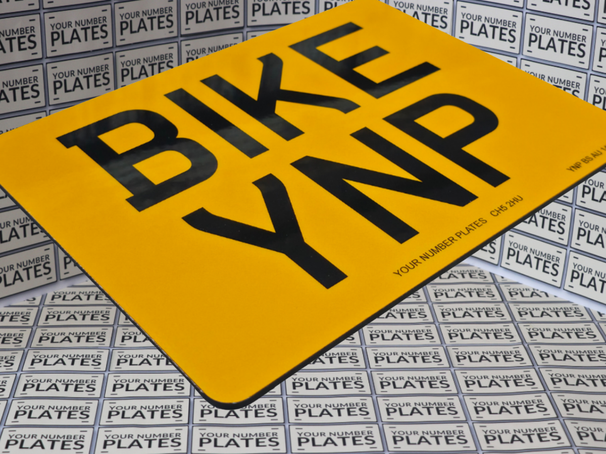 Finished motorcycle number plate example made with OKI substrate and laser film
