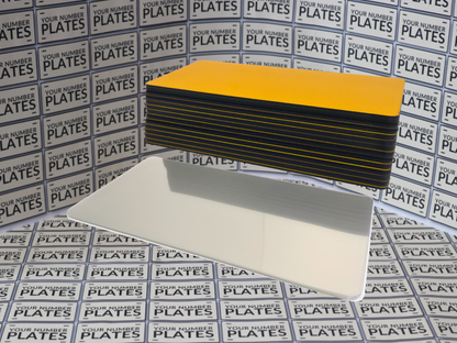 Hiltek yellow import rear number plate substrate and laser film 330 x 178mm