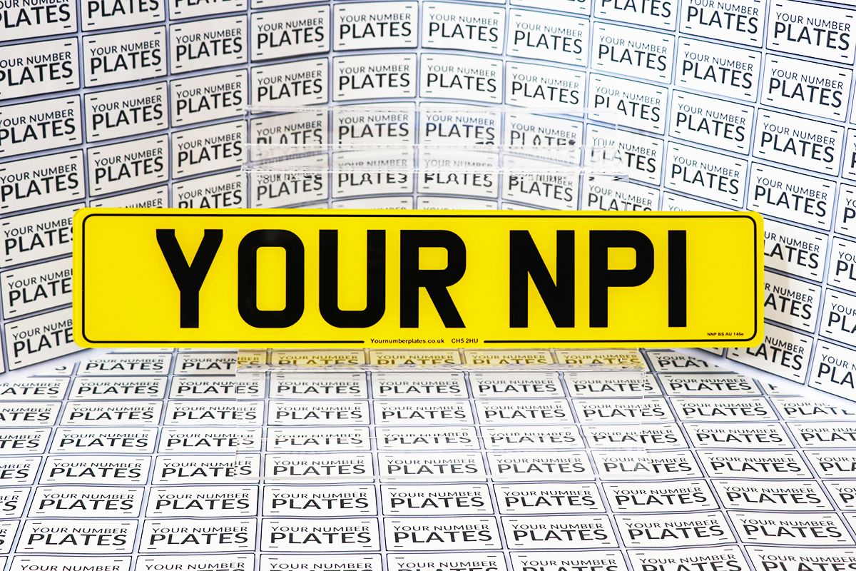 Rear yellow standard oblong number plate with a border