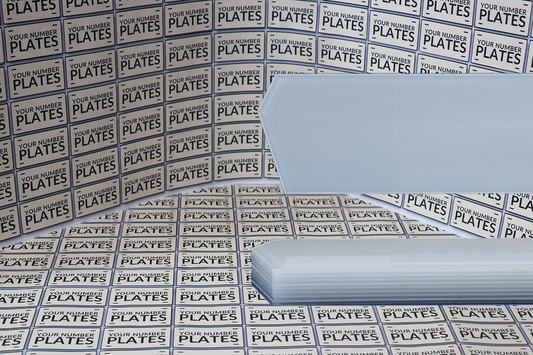 Lambo style number plates. bulk buy pack of 10. close up to show end of number plate