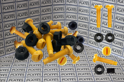 Yellow and black screws on a patterned background with 'Your Number Plates' text.