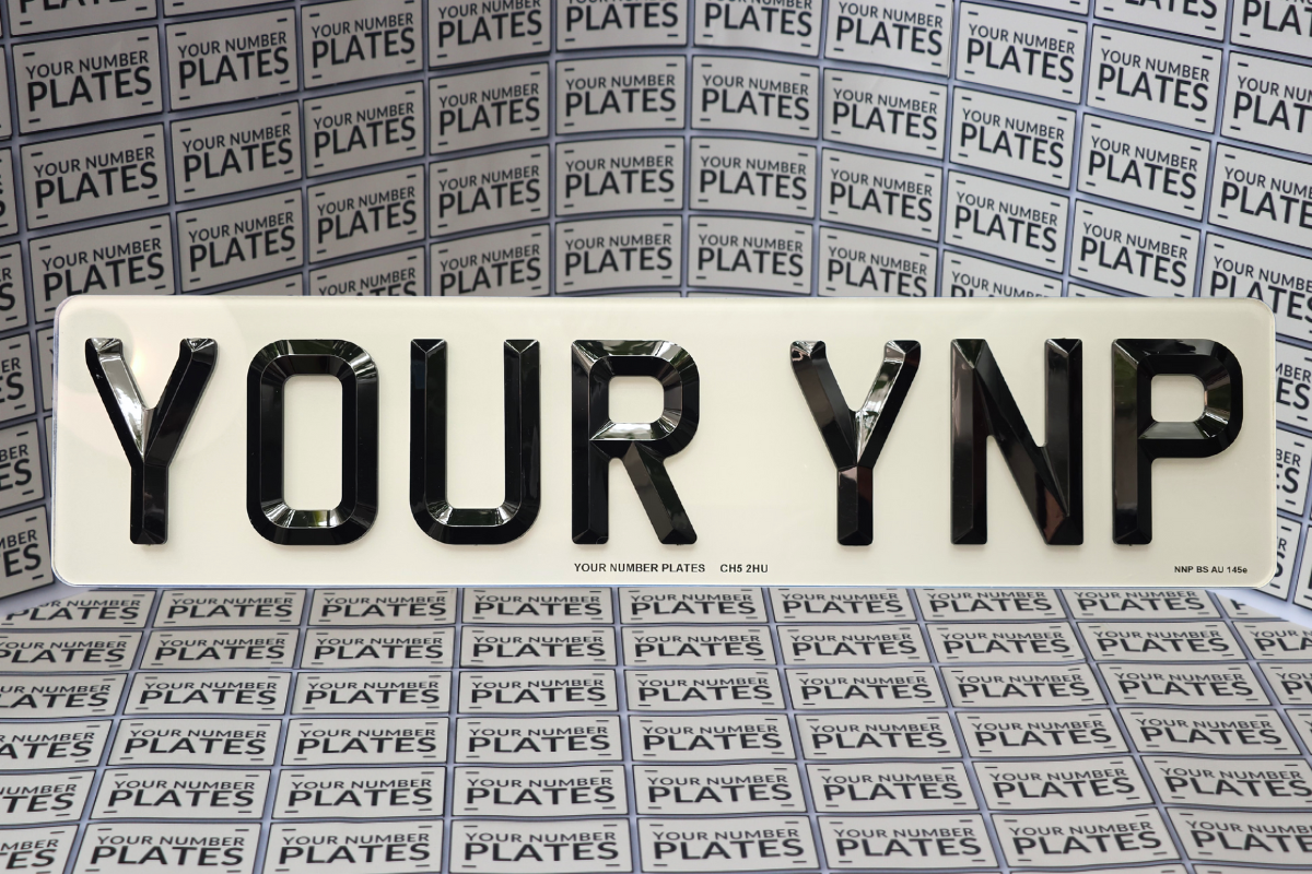 Close-up bevelled diamond 3D characters on short retro number plate – 6mm raised acrylic digits, DVLA road legal finish white