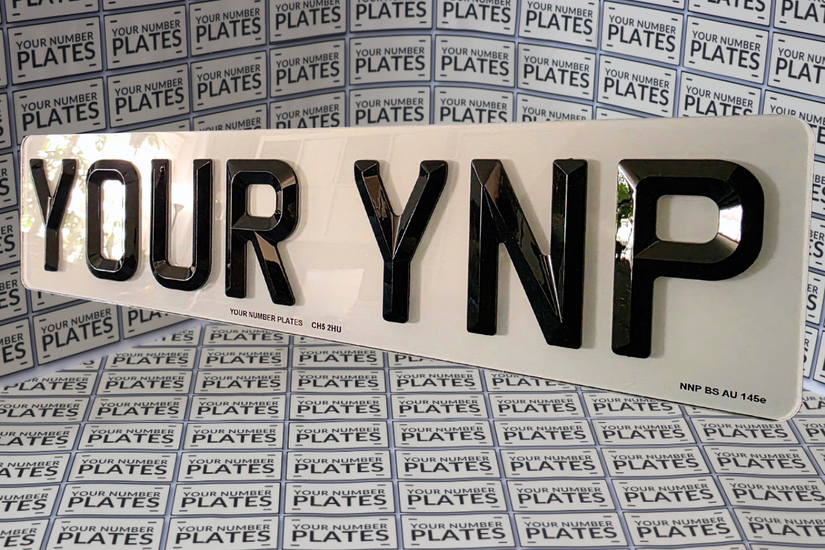 BS AU 145e compliant retro number plate with supplier imprint – DVLA registered, UK road legal bevelled diamond short plate