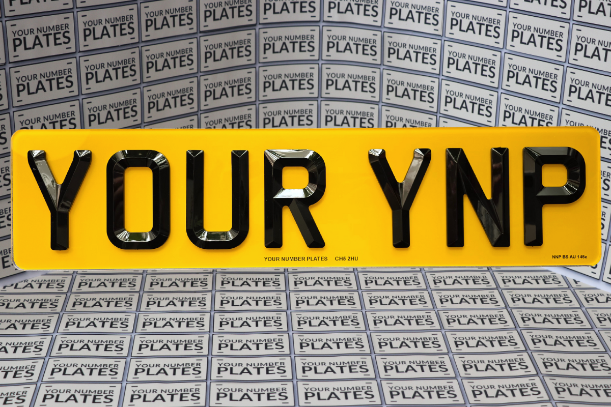 Close-up bevelled diamond 3D characters on short retro number plate – 6mm raised acrylic digits, DVLA road legal finish yellow