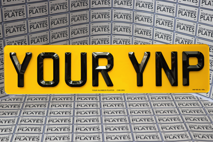 Close-up bevelled diamond 3D characters on short retro number plate – 6mm raised acrylic digits, DVLA road legal finish yellow