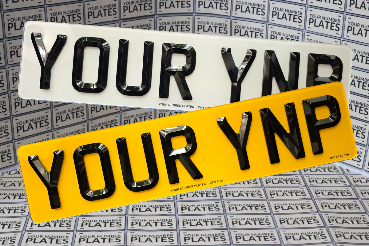 Close-up bevelled diamond 3D characters on short retro number plate – 6mm raised acrylic digits, DVLA road legal finish