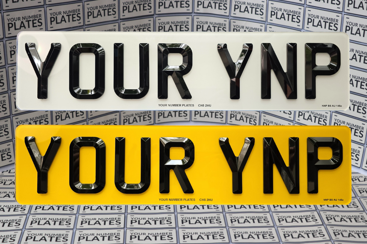 Short 7-digit retro bevelled number plate fitted on car rear – 465mm plate, DVLA registered supplier, MOT compliant UK plates