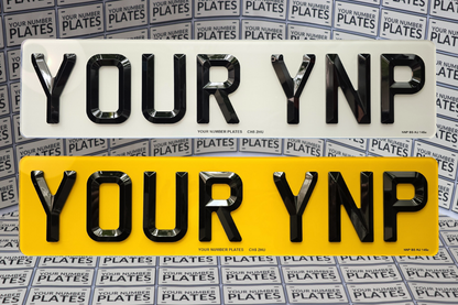 Short 7-digit retro bevelled number plate fitted on car rear – 465mm plate, DVLA registered supplier, MOT compliant UK plates