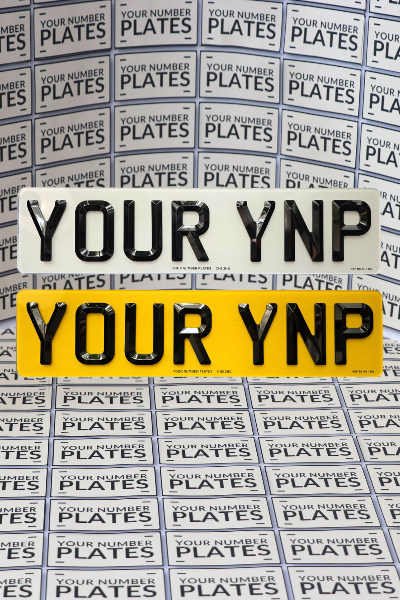 Short 7-digit retro bevelled diamond number plates 465mm – front view, premium UK road legal design with 6mm raised acrylic digits